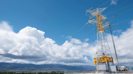 Fototapeta premium A crane lifting a tower section into place in bright afternoon