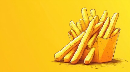 Hand-Drawn Illustration of Crispy French Fries in a Bright Yellow Background with Simple Cartoon Style