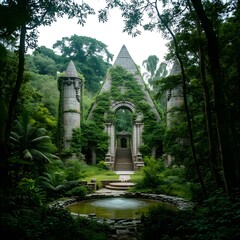 Fototapeta premium Overgrown Stone Ruins in Lush Green Forest Setting Ancient Architecture and Tranquil Pond