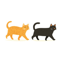Orange And Black Walking Cats Isolated On White Background Illustration Style