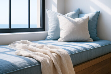 Sunlit Coastal Daybed with Crisp Light and Soft Linen Textures