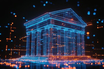 Obraz premium A bank building with columns featuring blue circuit linings in the design, highlighting a unique blend of classical and modern architecture.