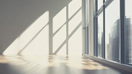 Obraz premium Minimalist empty room with wooden floor, clean white walls, soft sunlight streaming through a large window, creating gentle glares on the floor, wide-angle interior shot. 