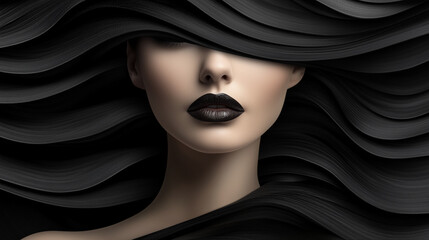 Abstract Portrait of a Woman with Black Lips and Flowing Hair