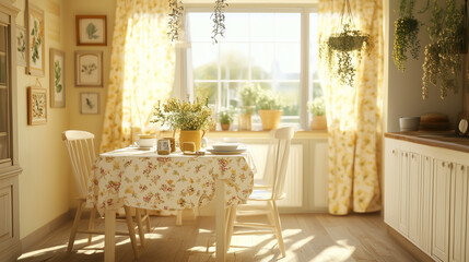 cozy dining room interior design with soft yellow floral decoration