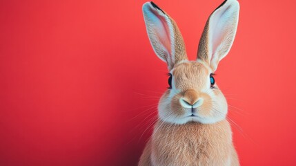 Fototapeta premium Cute fluffy rabbit with large ears posing against a vibrant red background in a minimalistic style