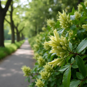 Brotes de flores de &aacute;lamo que florecen a lo largo del camino arbolado del parque