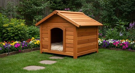 Fototapeta na wymiar Wooden dog house in garden setting