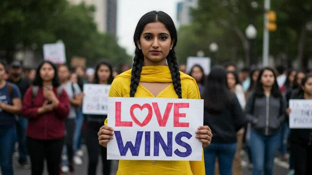 A Young South Asian Woman Wearing a Yellow Outfit Holds a 'Love Wins' Sign Amidst a Large Crowd During a Peaceful Protest for Equality and Acceptance