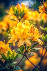 Vibrant closeup photograph of yellow azalea flowers blooming beautifully in sunlight