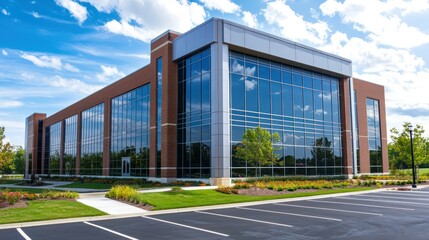 Obraz premium A modern office building with large glass windows and a red brick facade, surrounded by a green lawn and trees, under a clear blue sky with white clouds.