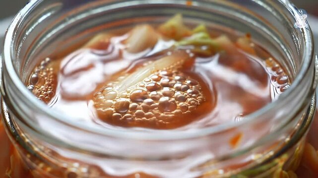 Active Fermentation Bubbles in Healthy Kimchi Jar Close-up