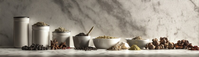 Spices and herbs arranged on a marble surface.