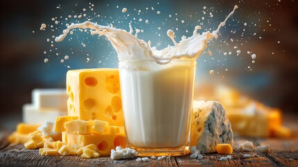 Splash of milk with assorted cheese delights.