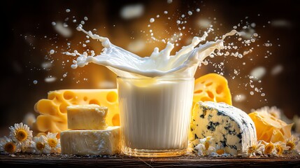 Splash of milk next to various cheese types.