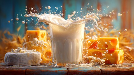 Splashing milk with various types of cheese.