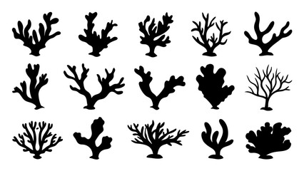 Seaweed silhouettes, coral black icon. Abstract organic shape, underwater plant, matisse element, cute sea doodle.