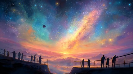 Stargazers admire the vibrant cosmic sky.