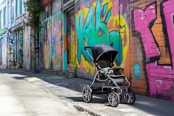 Stroller parked against vibrant street art.