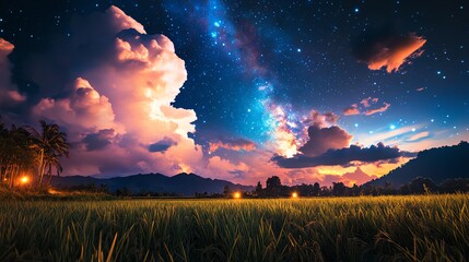 Stunning night sky over serene rice fields.