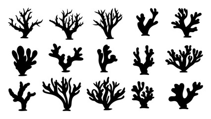 Seaweed silhouettes, coral black icon. Abstract organic shape, underwater plant, matisse element, cute sea doodle.