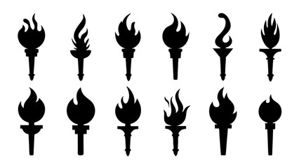 fire flame torch icon set vector art silhouette design