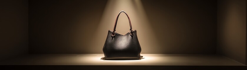 Stylish black handbag illuminated on display.