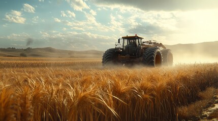 Fototapeta premium Agricultural tractor working a golden field at sunset.