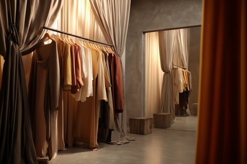 Stylish clothing in a modern fitting room.