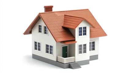A white and red house with a gray roof and a green door, standing on a white background with a gray base.