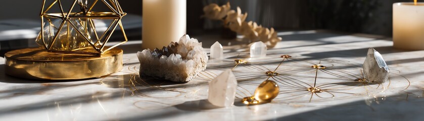 Stylish decor with crystals and candles on table.