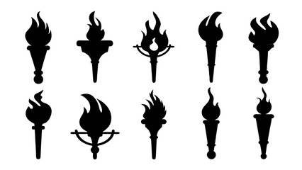 fire flame torch icon set vector art silhouette design