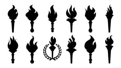 fire flame torch icon set vector art silhouette design