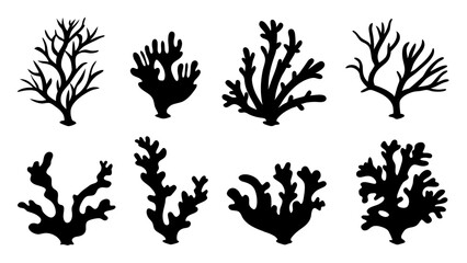 Seaweed silhouettes, coral black icon. Abstract organic shape, underwater plant, matisse element, cute sea doodle.