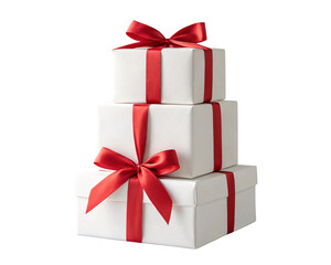 Obraz premium Stack of White Gift Boxes with Red Ribbons isolated on transparent background