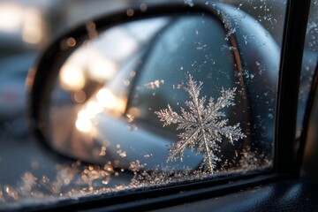 Icy Snowflake on Auto Side View Mirror Creates a Wintery Scene with Morning Light Reflecting off Glass and Car Exterior