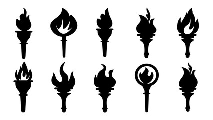 fire flame torch icon set vector art silhouette design