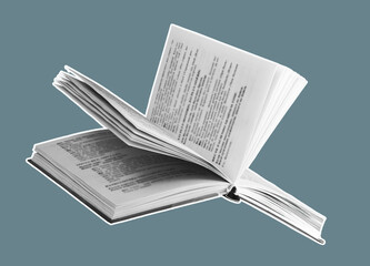 Fototapeta premium Hand turning the pages of an open book, exploring knowledge and wisdom. A blend of fiction, science,