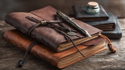 Stylish leather notebooks on a wooden table.