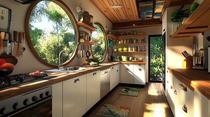 Stylish kitchen with natural light and greenery.