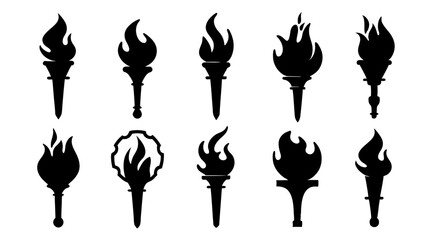 fire flame torch icon set vector art silhouette design
