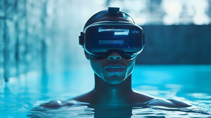 Swimmer in Training Pool Wearing Waterproof AR Goggles for Enhanced Performance