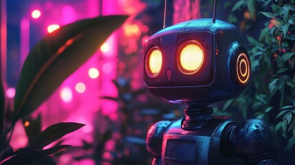Futuristic Robot Exploring Neon Jungle with Lush Greenery and Glowing Lights in a Surreal Environment