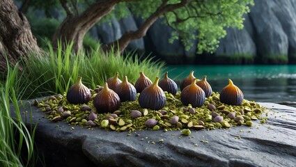 Arrangement of Figs and Pistachios on a Slate Slab by Water