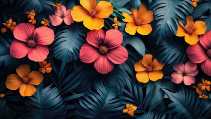 Vibrant tropical flowers and leaves.  A profusion of vibrant pink, orange, and yellow blossoms nestled among dark, textured tropical leaves