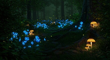 Enchanted Forest at Night Glowing Mushrooms and Firefly Magic in a Mystical Digital Landscape