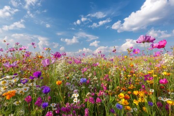 Obraz premium Vibrant wildflower meadow under a summer sky filled with fluffy clouds, featuring cosmos, daisies, and colorful blooms in abundance