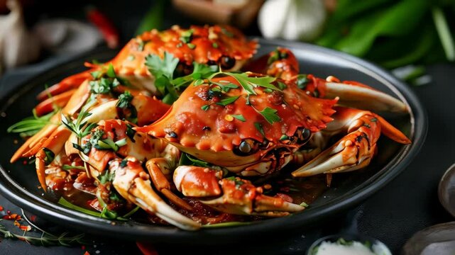 Singaporean chili crab on a plate, with a spicy tomato chili sauce and fresh herbs. A traditional and flavorful dish from Singapore