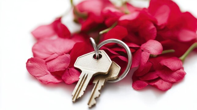 Two keys with a ring, surrounded by pink rose petals on a white background.