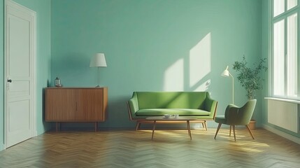 Fototapeta premium Interior design of a mid-century modern living room.